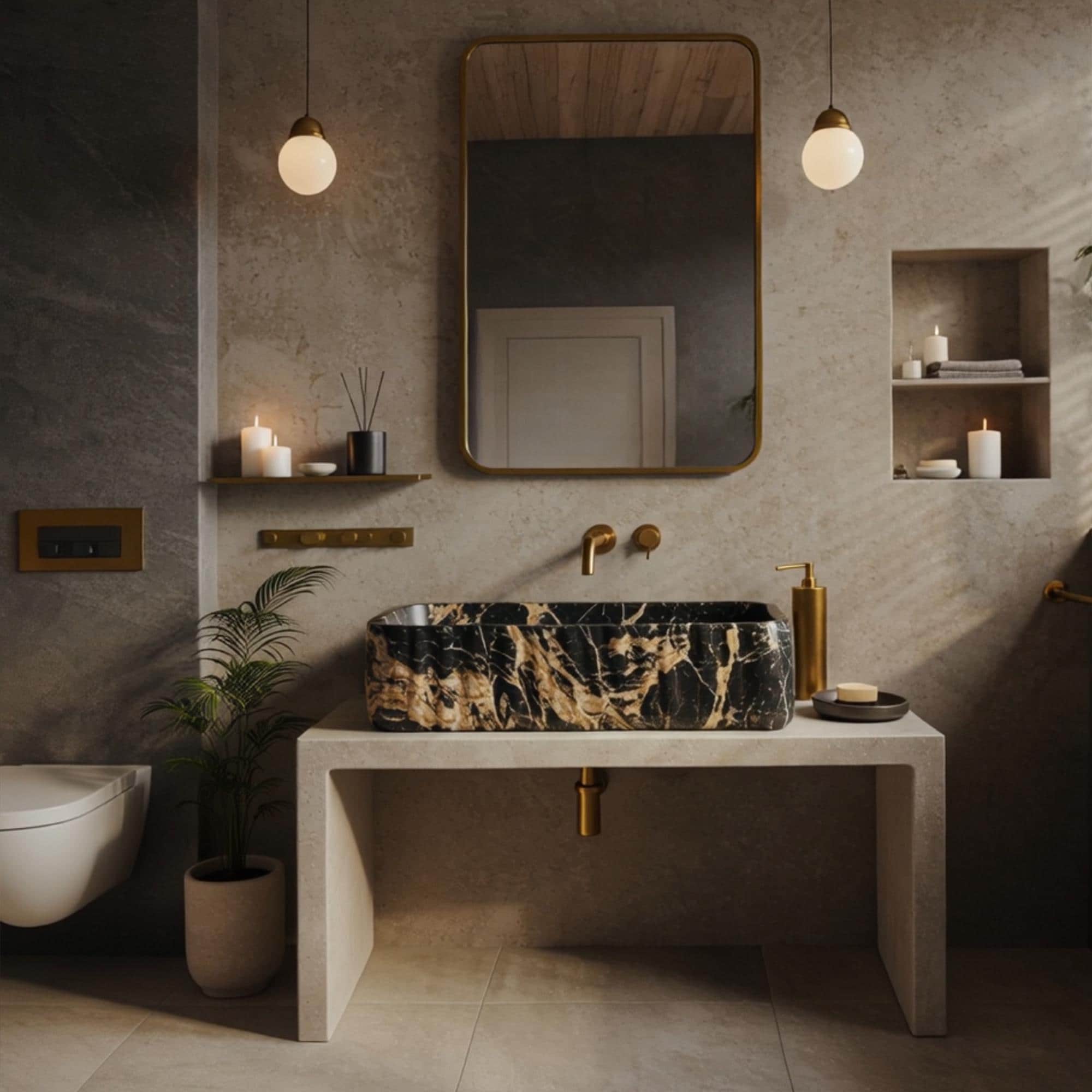 Rectangular luxury sink on minimal stone console in modern bathroom