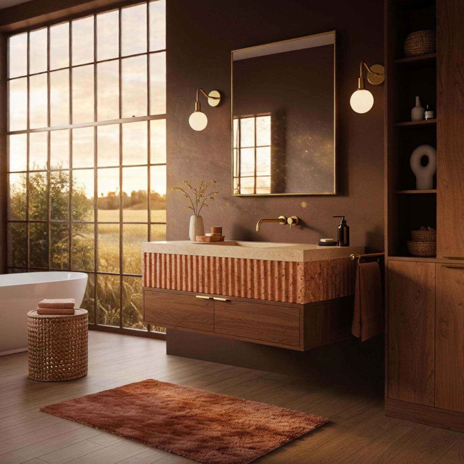 Luxury floating vanity with soft pink stone basin and minimalist brass faucet