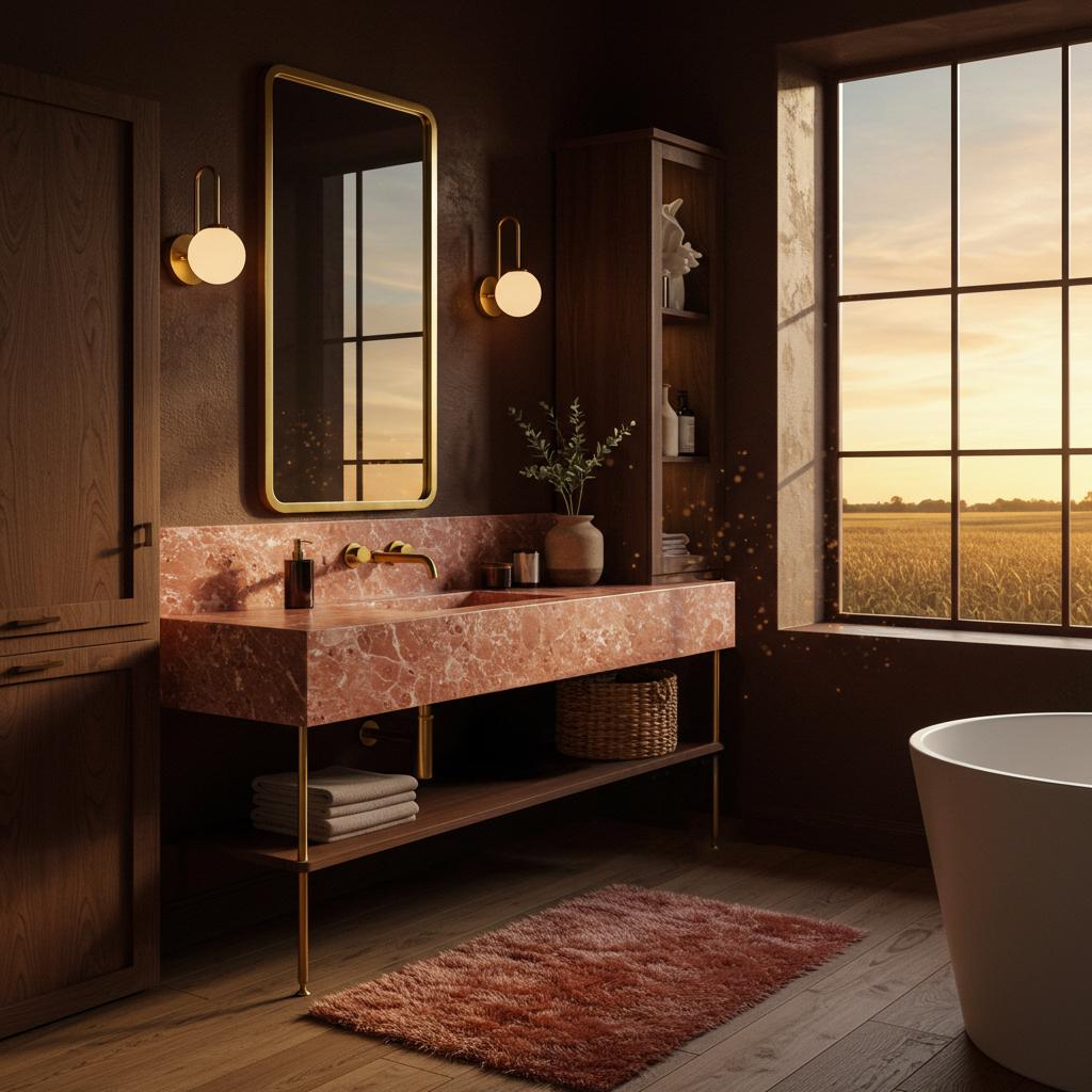The Rosé marble vanity brings elegance to the bathroom with its warm tones and floating design.
