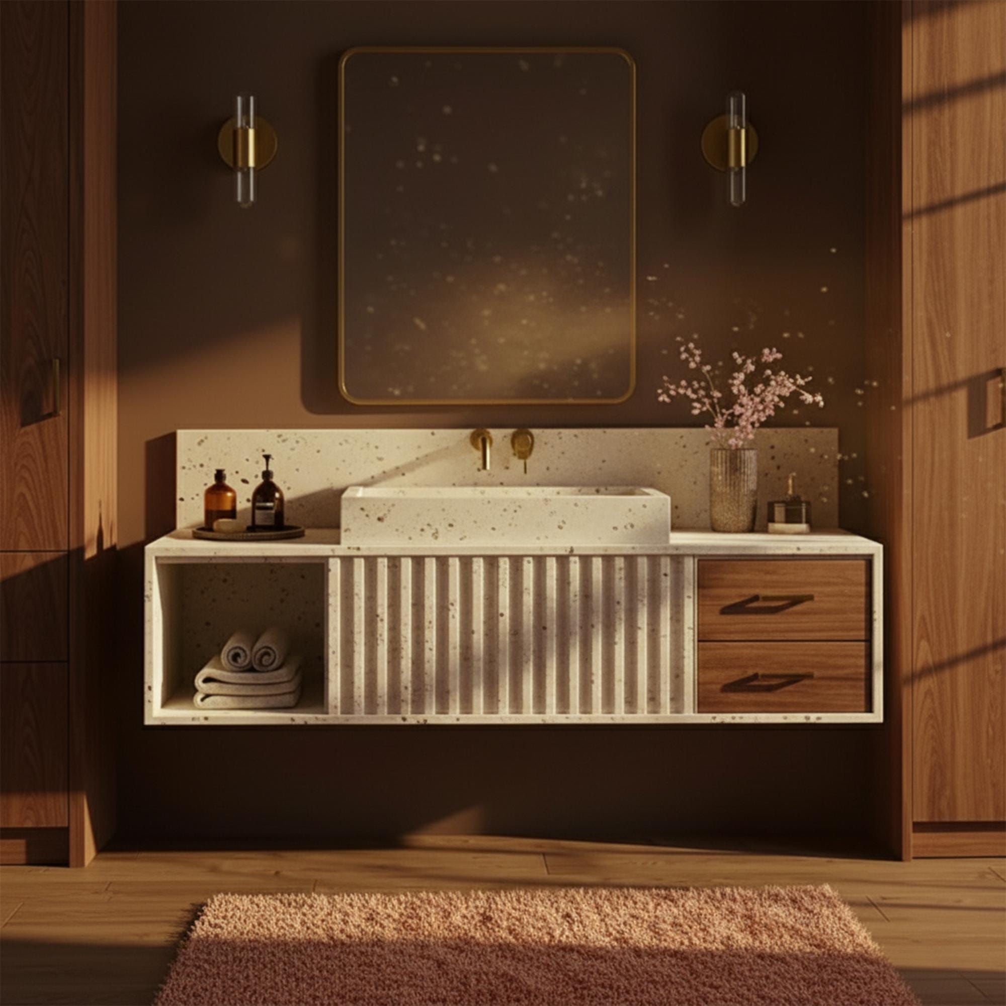 A wall-mounted travertine sink with fluted front and wooden drawers in a luxury bathroom setting.