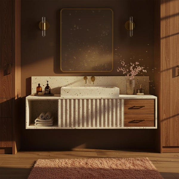 Travertine Floating Vanity with Fluted Front - Luxury Wall-Mounted Sink and Drawer Set M2F018 hover