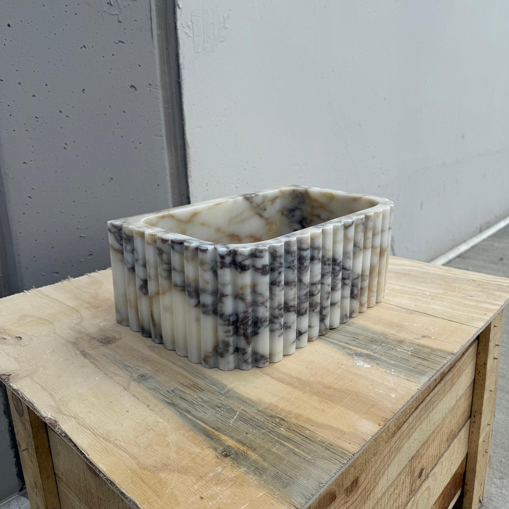 Fluted Carrara Marble Sink – Small Stone Bathroom Basin – Custom Natural Stone Sink for Powder Room Decor