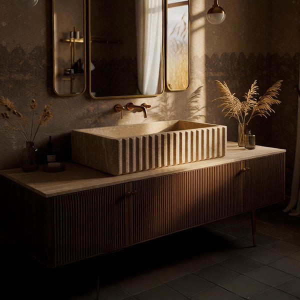 Fluted Beige Marble Sink on Matching Stone Vanity M2F028