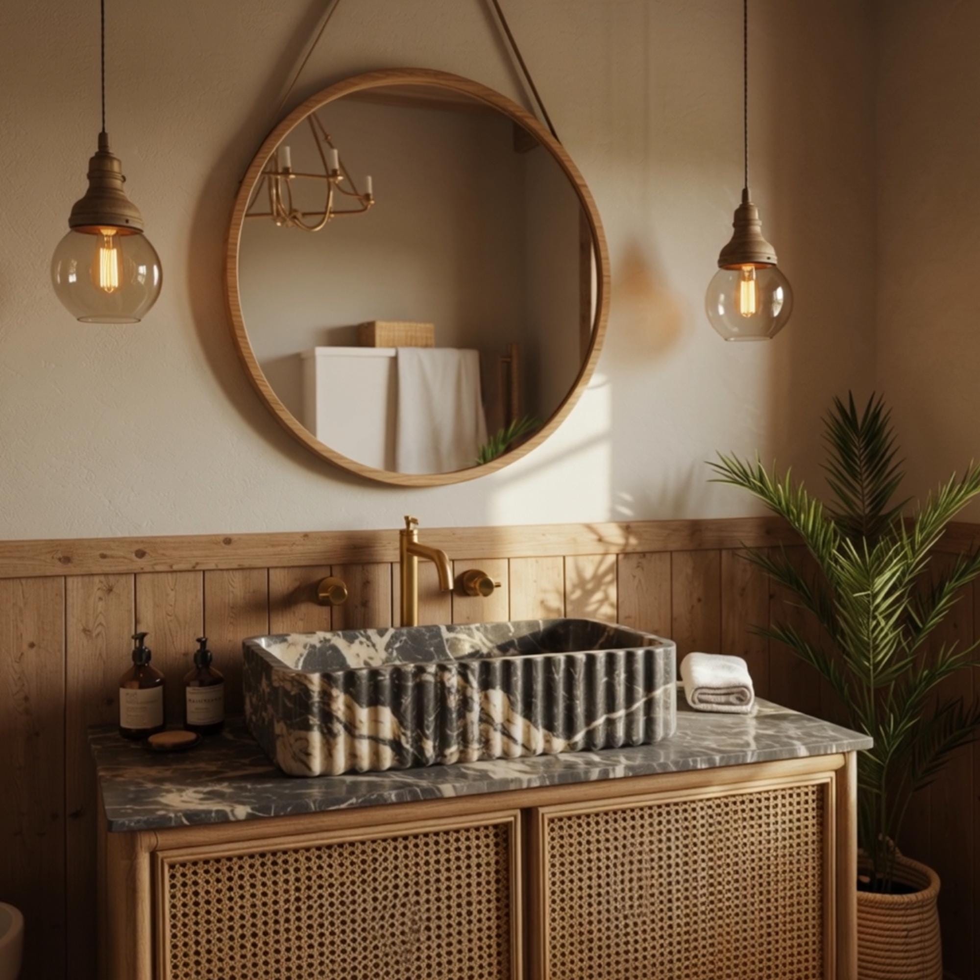 The fluted Picasso marble sink and cane cabinet blend rustic charm with refined luxury.