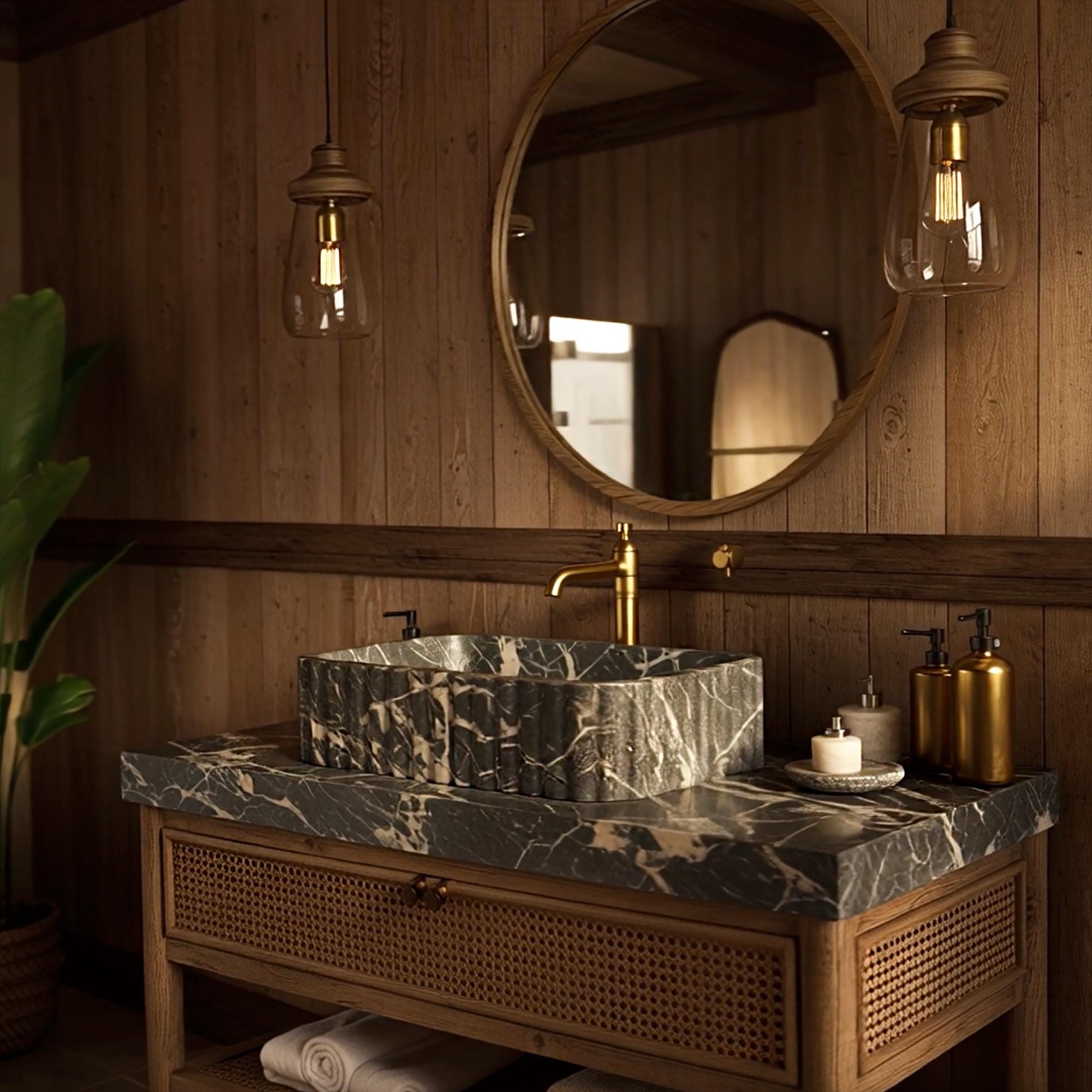 Handcrafted dark marble vessel basin paired with rustic rattan wood and brass fixtures.