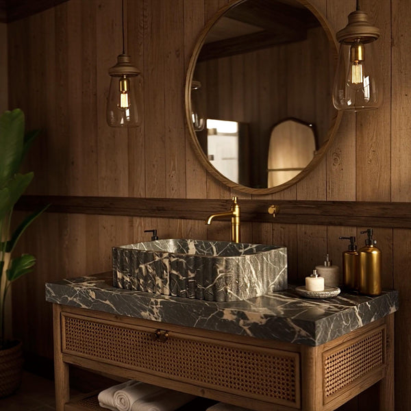 Picasso Marble Fluted Sink with Rattan Wood Vanity Console M2F001 hover