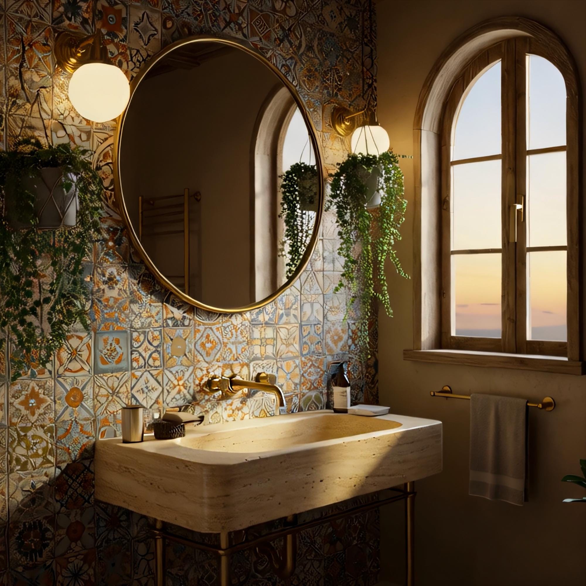 Natural travertine basin paired with Mediterranean-style tiles and brass accents.