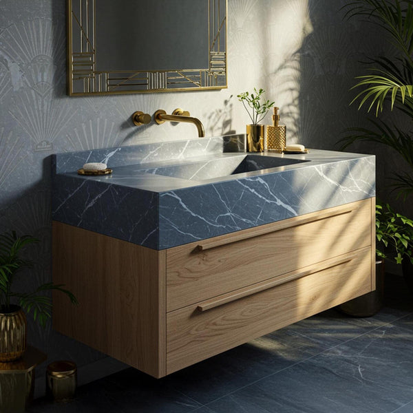 Gray Marble Vanity Sink - Wall-Mounted Luxury Stone Basin with Wood Cabinet M2F006