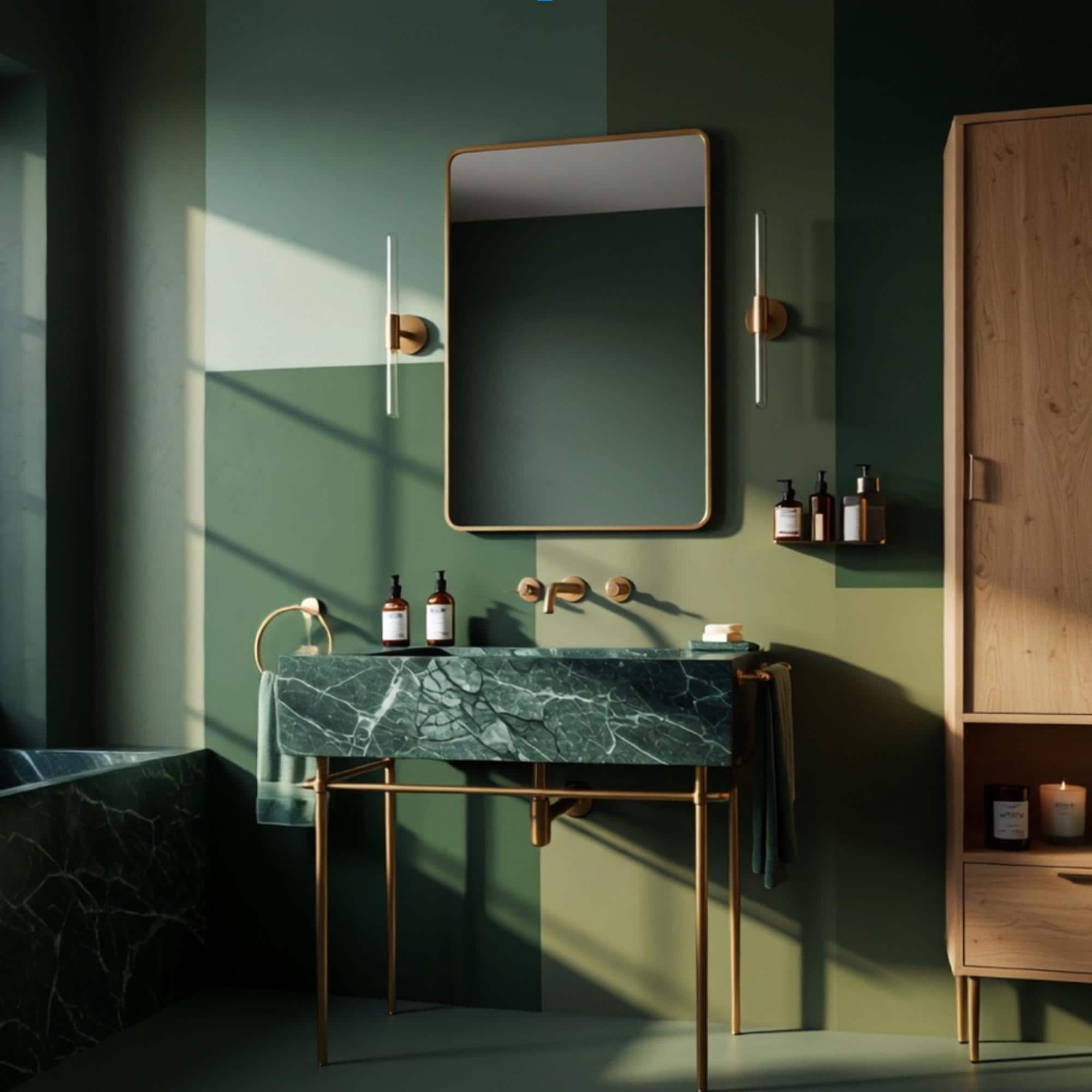 Wall-mounted green marble vanity with gold-toned accents