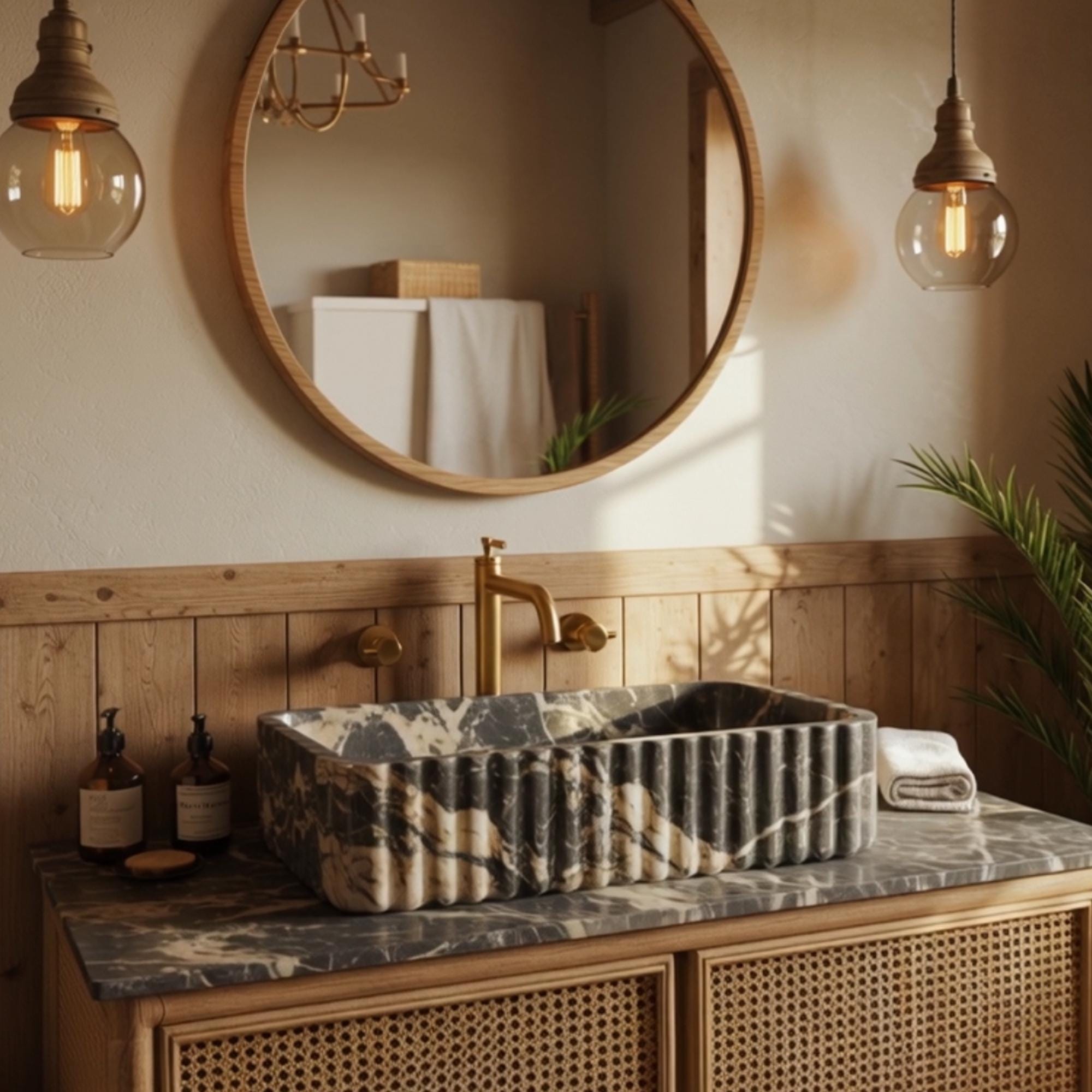 A statement bathroom vanity combining rich, veined marble and cane woodwork brings elegance to modern interiors.