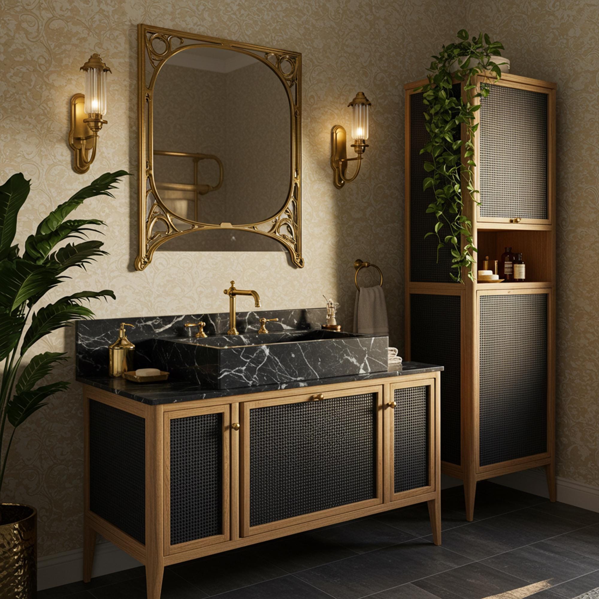 A luxurious bathroom vanity with a Pietre Notte marble sink and elegant brass faucet set.