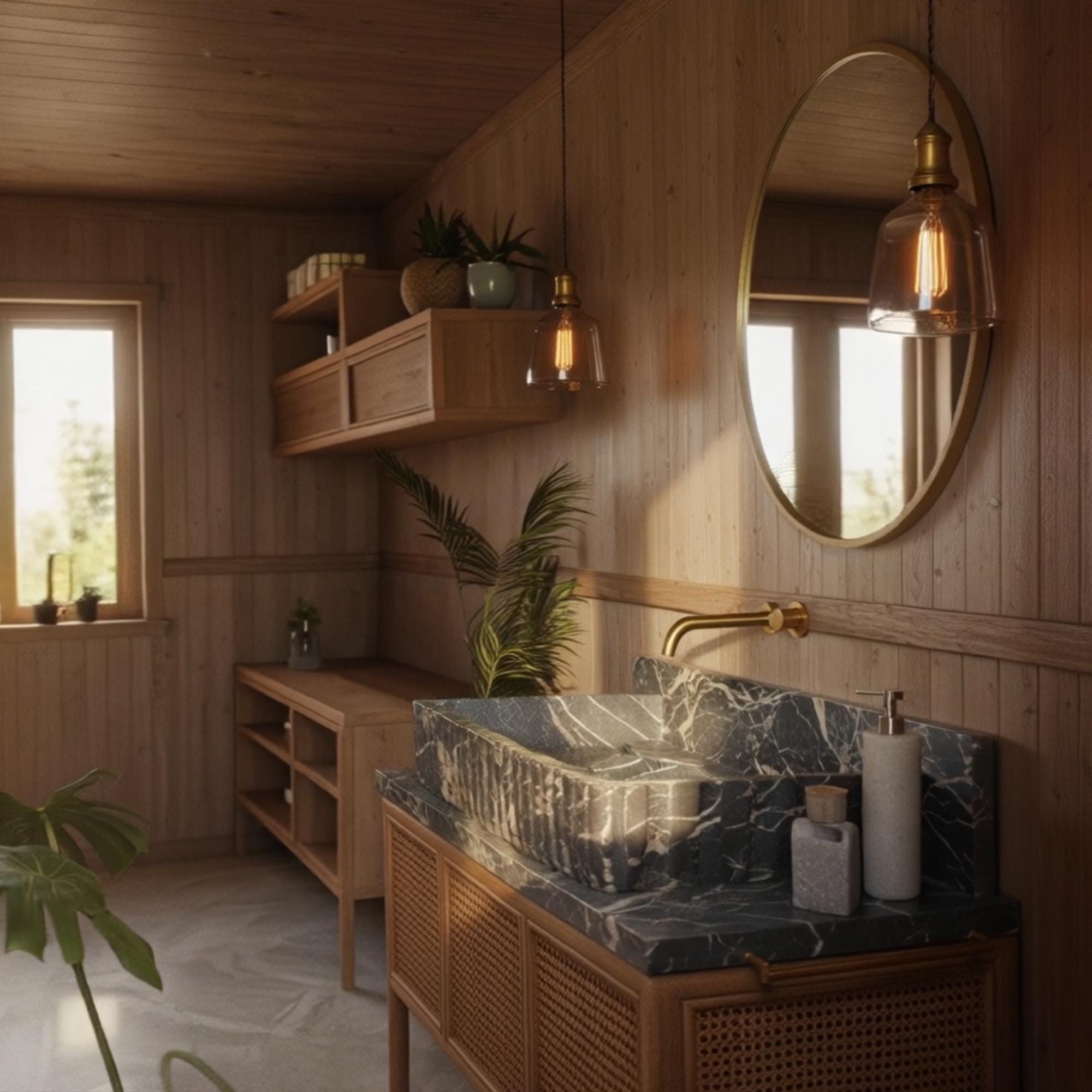 The rectangular handcrafted marble basin is paired with a natural wood cabinet featuring woven cane doors.