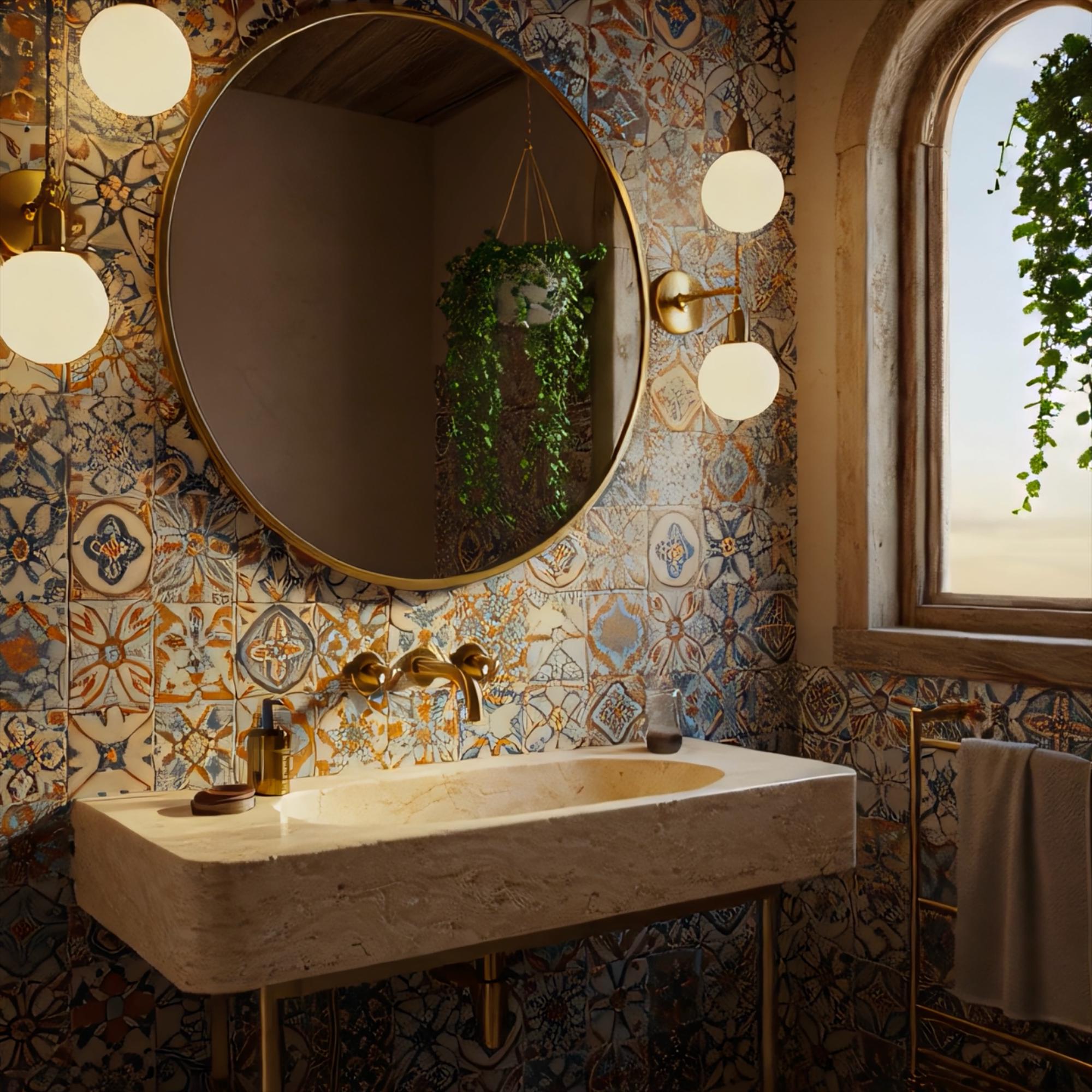 Elegant bathroom sink featuring warm-toned travertine stone and brushed brass fixtures.