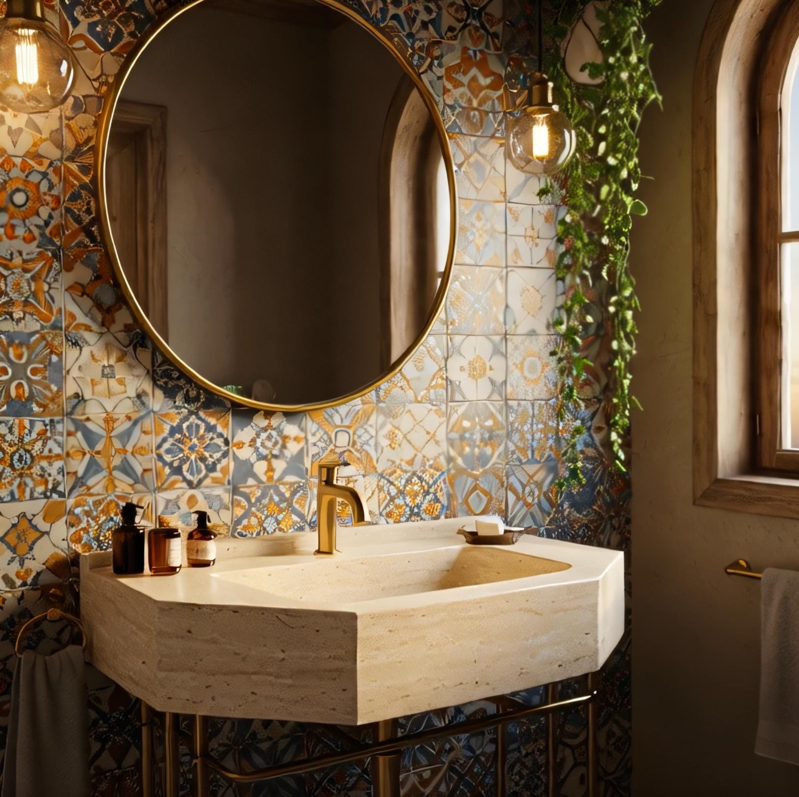 Warm-toned stone vanity with antique-style gold faucet and tile backdrop