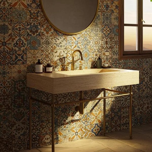 Handmade Travertine Sink - Rustic Natural Stone Vanity with Brass Frame M2M027