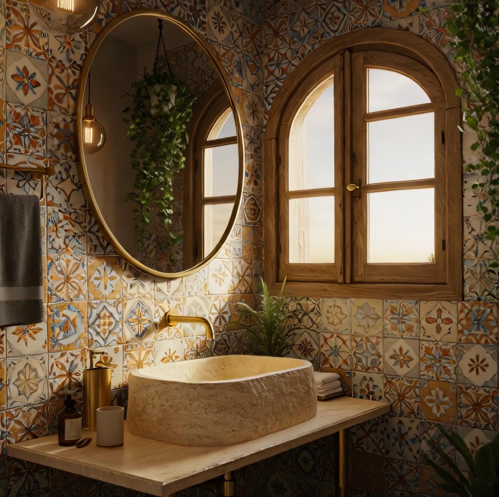 The bathroom sink features soft, organic curves and textured stone for a timeless artisan look.