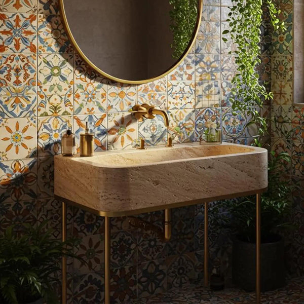 Handcrafted Travertine Vanity Sink with Brushed Brass Legs M2M042