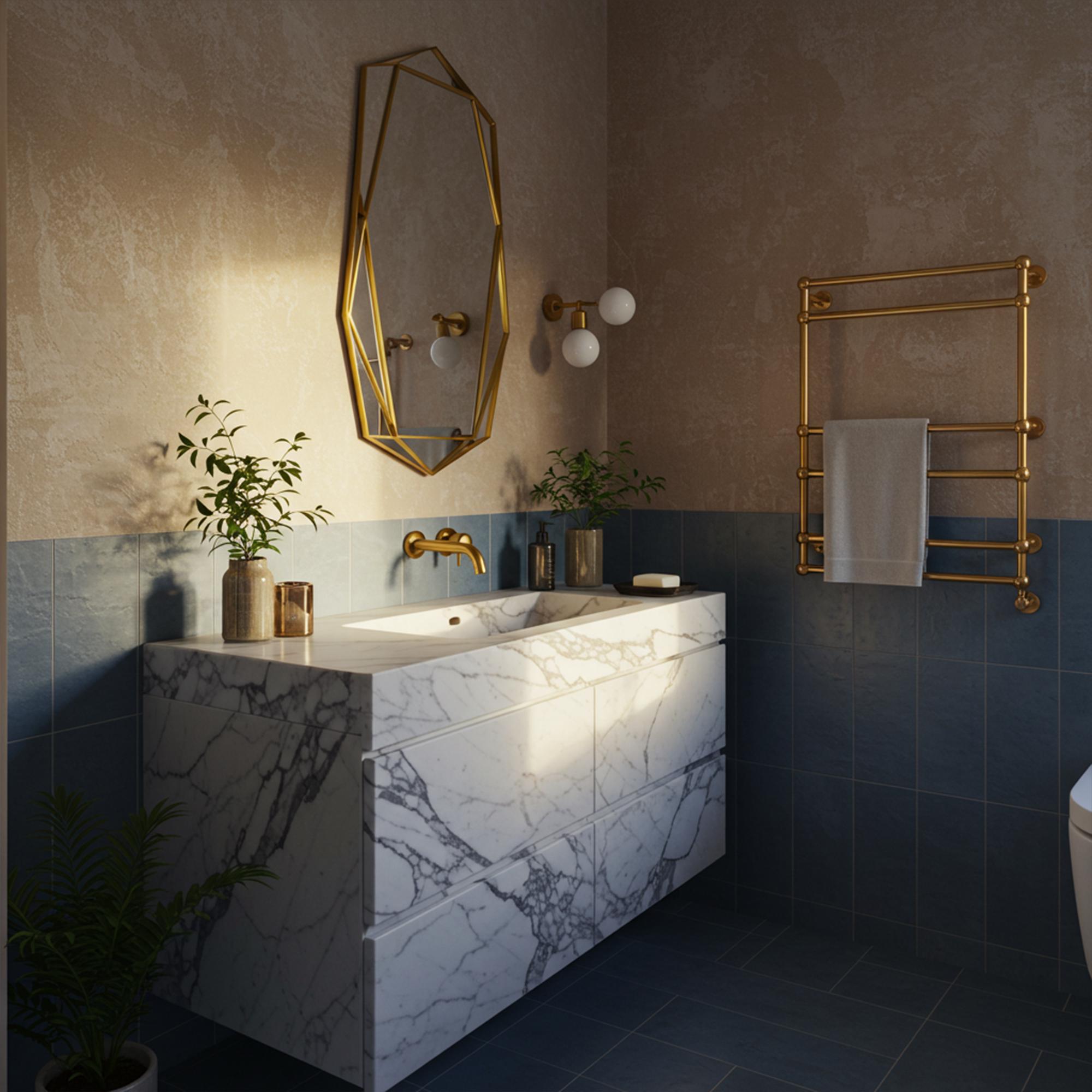 A premium white marble vanity with an integrated basin adds sophistication and luxury to a modern bathroom interior.