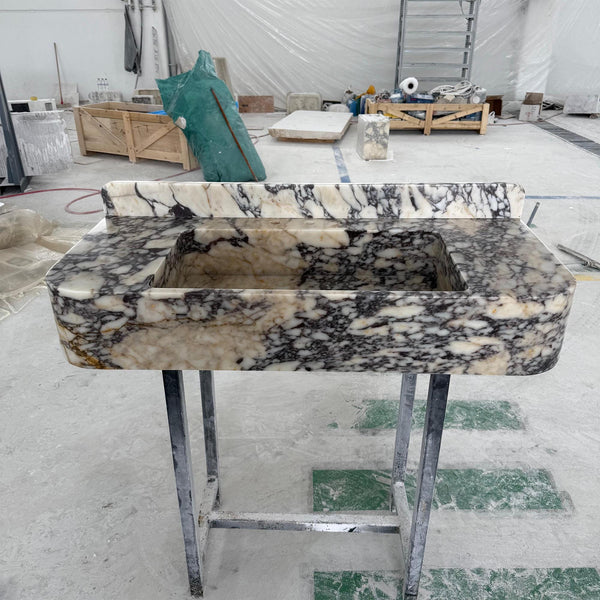 Calacatta Viola Marble Sink with Integrated Backsplash – Sculpted Luxury Stone Vanity M2S031 hover