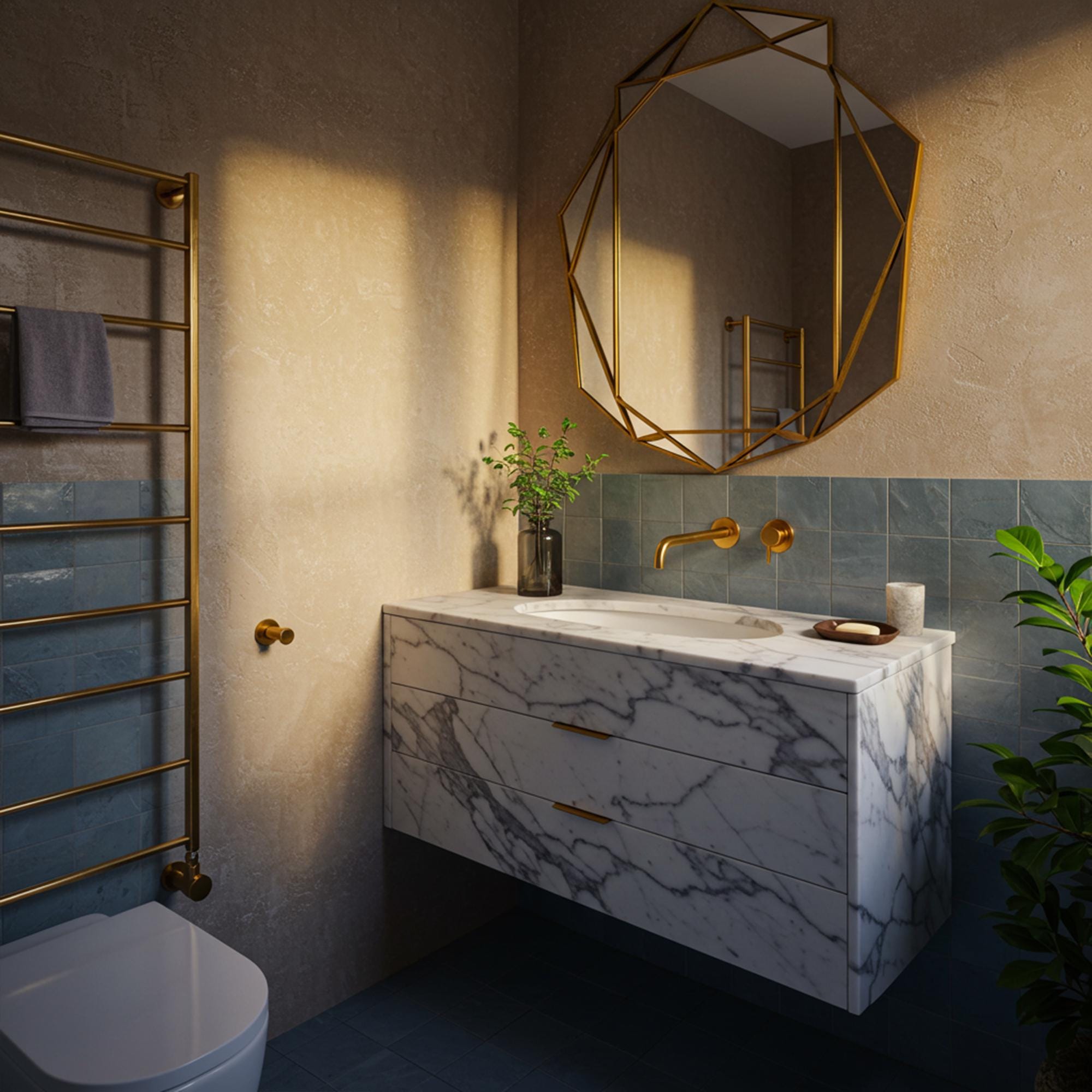 Floating Carrara marble vanity with gold fixtures