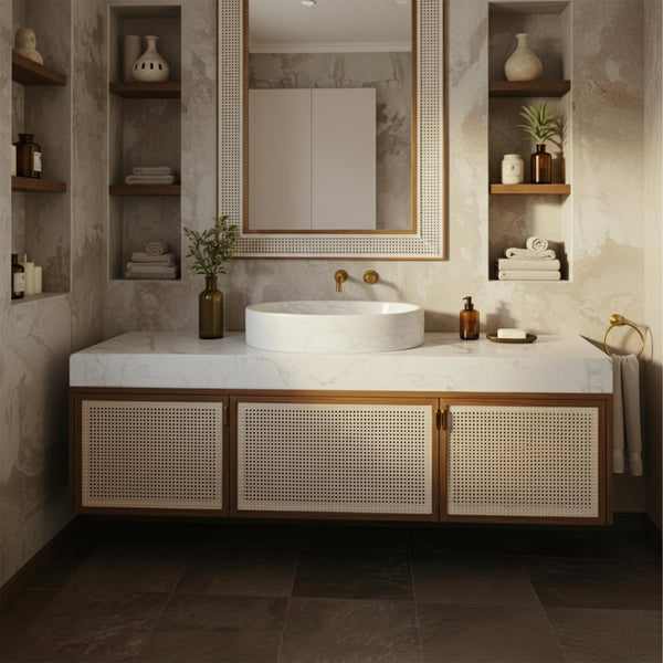 Carrara Marble Vessel Sink on Rattan Bathroom Vanity M2F003 hover