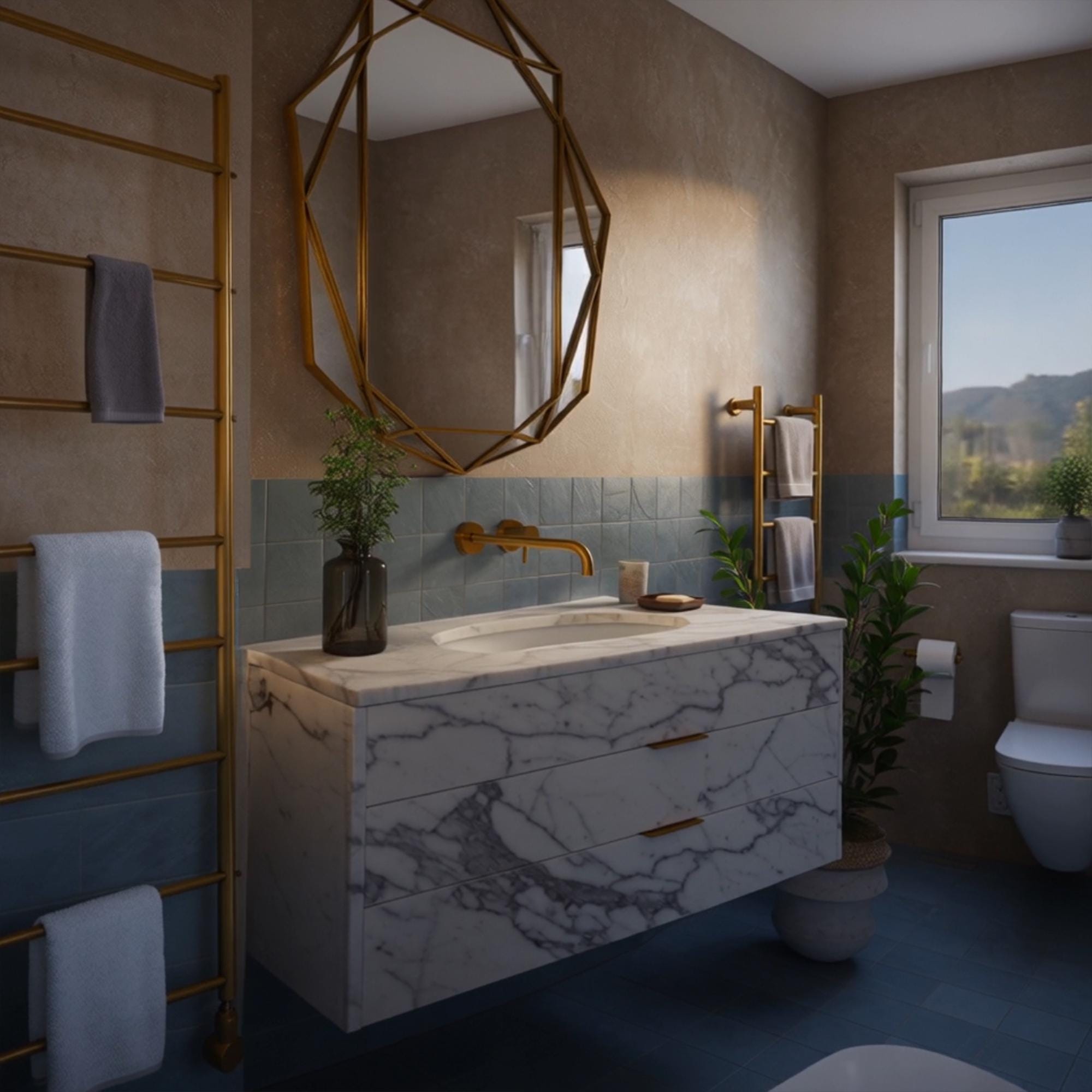 White marble vanity with brushed gold faucet