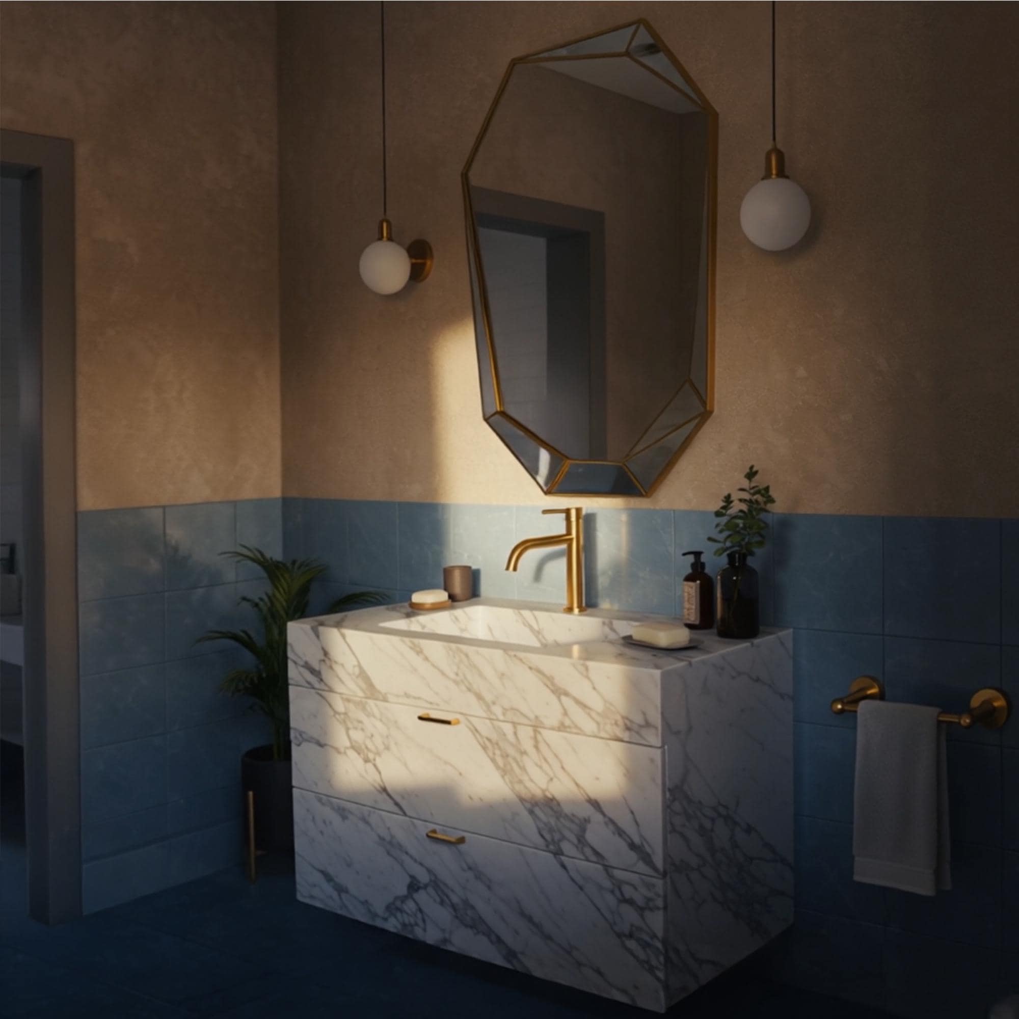 Minimalist vanity with natural marble finish and storage drawers