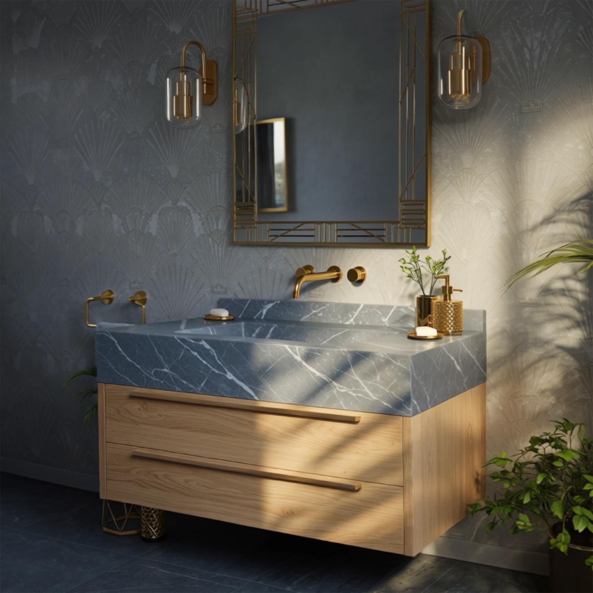 Floating bathroom vanity in natural wood and gray marble stone