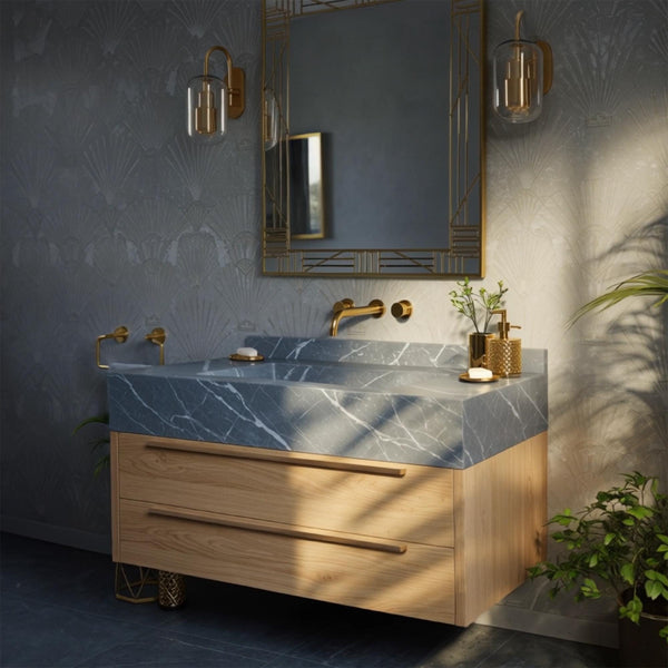 Gray Marble Vanity Sink - Wall-Mounted Luxury Stone Basin with Wood Cabinet M2F006 hover