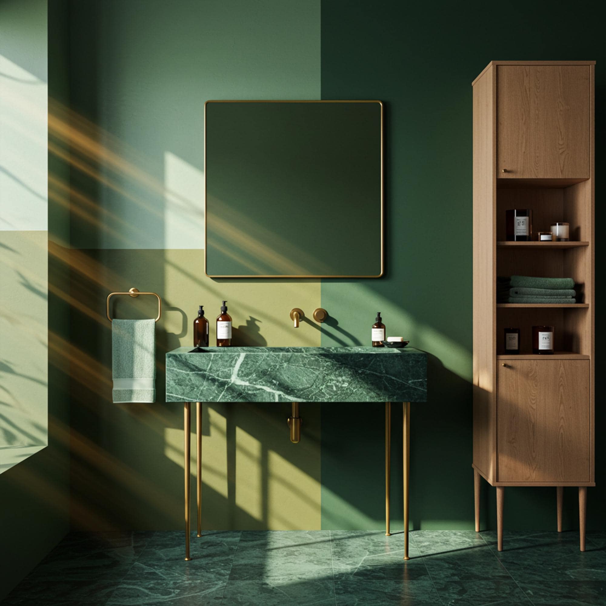 Wall-mounted green marble sink with brass legs