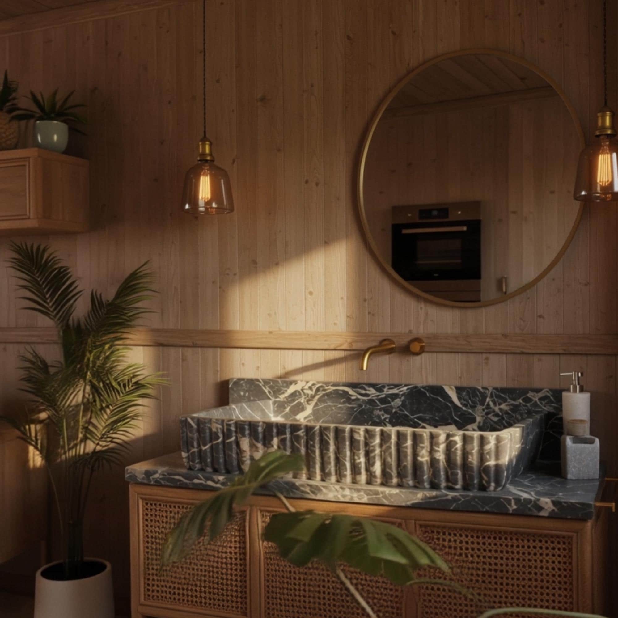 Sunlight highlights the refined textures of the marble sink and natural wood vanity in this upscale setting.