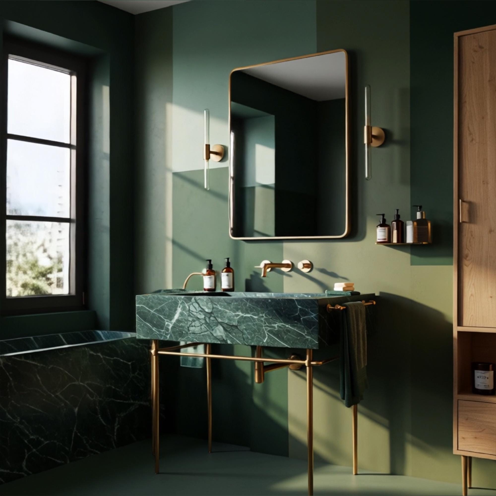 Modern bathroom with green natural stone sink and brass console