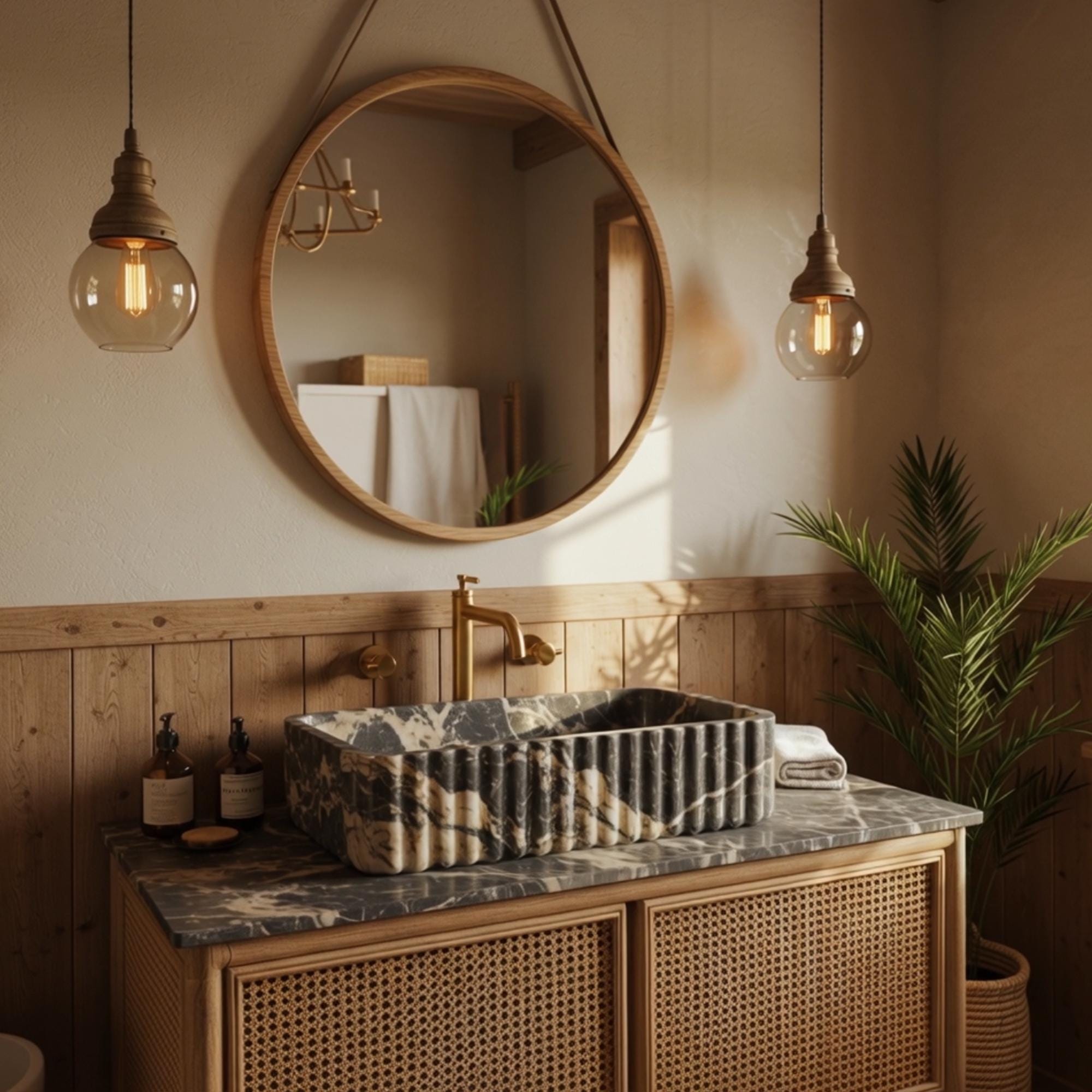 This high-end bathroom setup pairs a sculptural marble sink with artisanal woodwork and natural finishes.