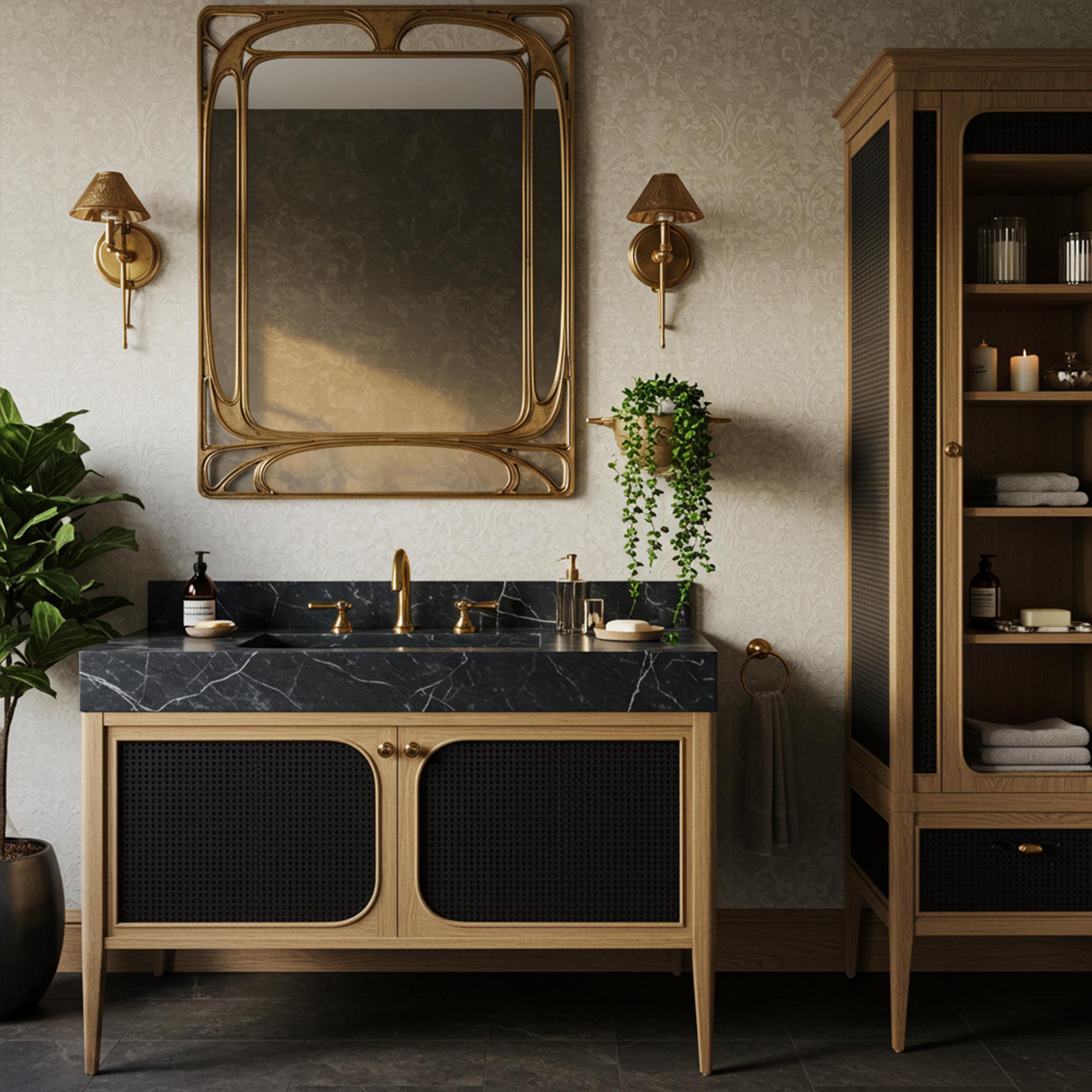 A luxurious Pietre Notte marble sink is set on a cane-front wood vanity with elegant curves and golden hardware.
