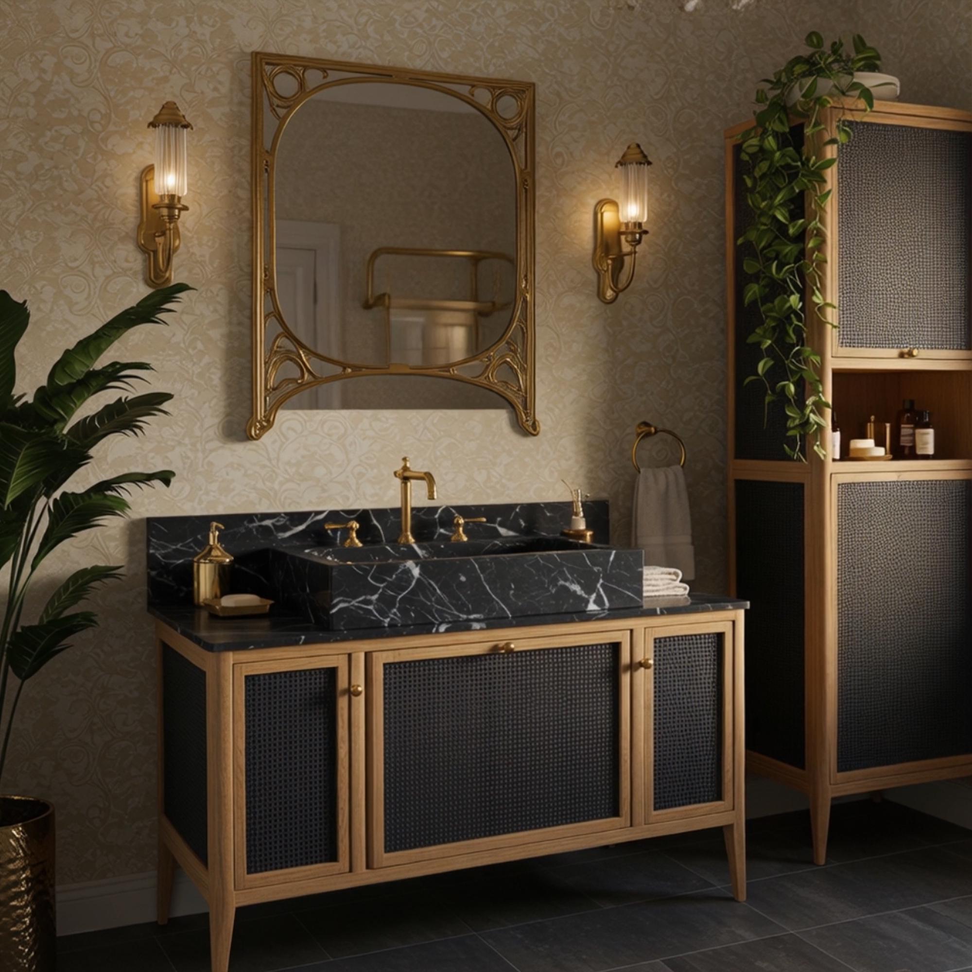 Brass fixtures and natural materials blend seamlessly for a timeless, high-end aesthetic.