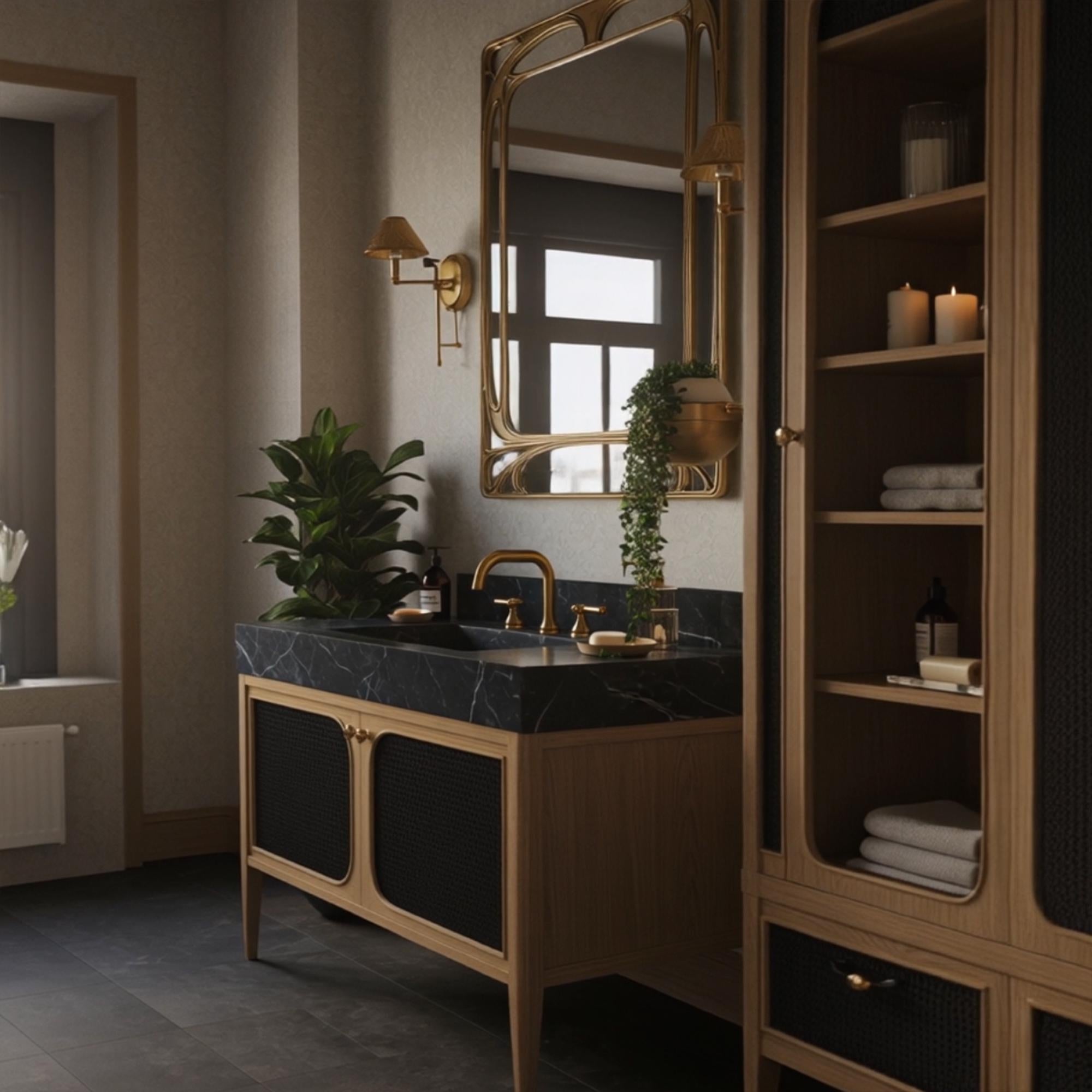 Brass fixtures elevate the rich black marble and wood details in this custom-designed bathroom vanity.