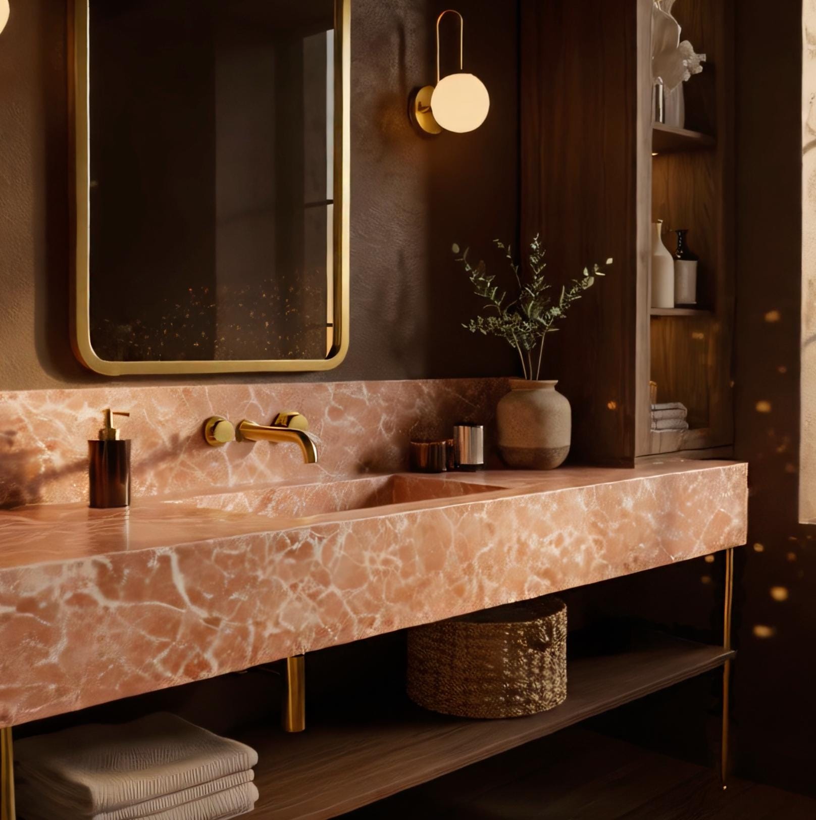 A handcrafted floating pink marble sink paired with gold faucet and soft lighting.