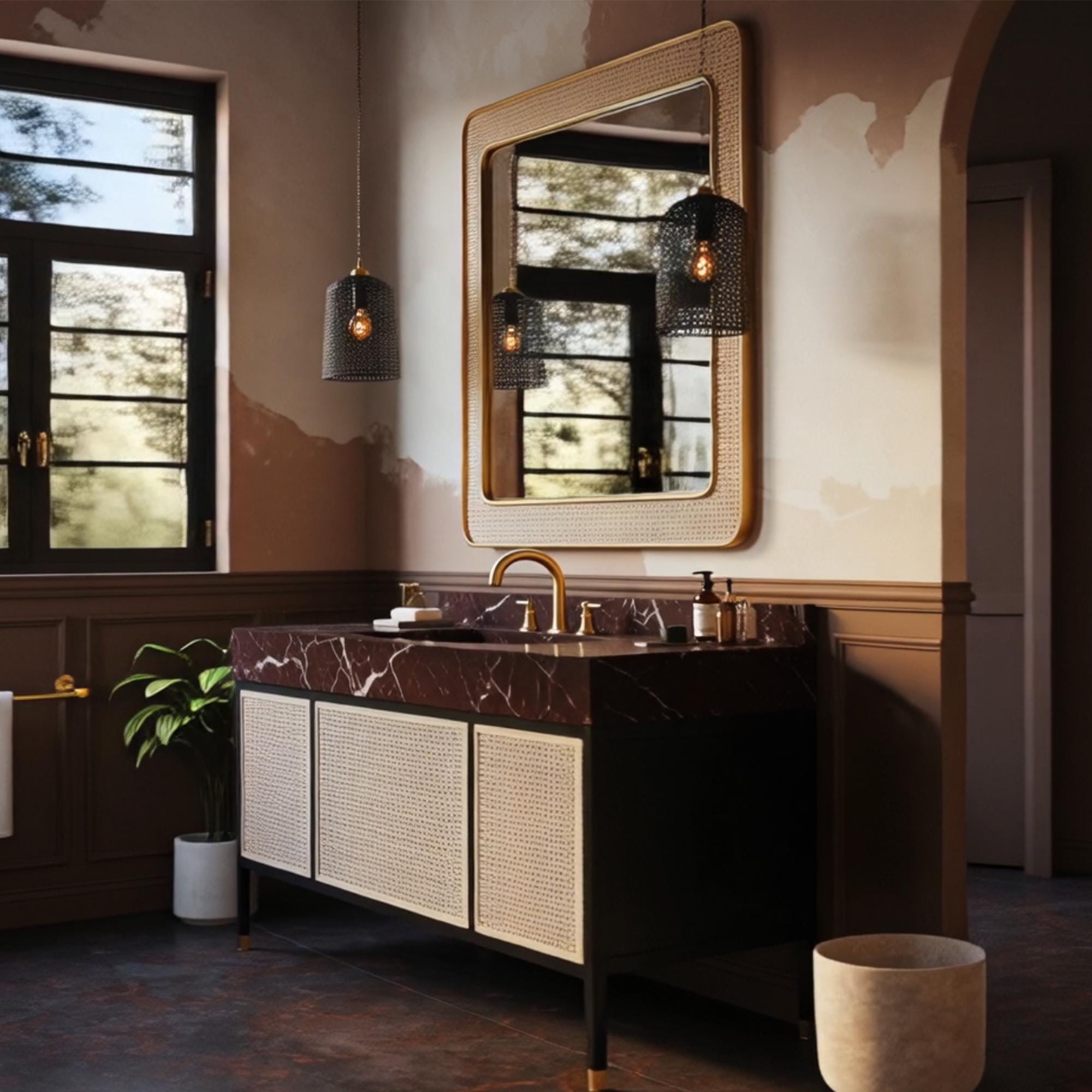 The vanity's refined mix of materials adds warmth and sophistication to the luxury bathroom setting.