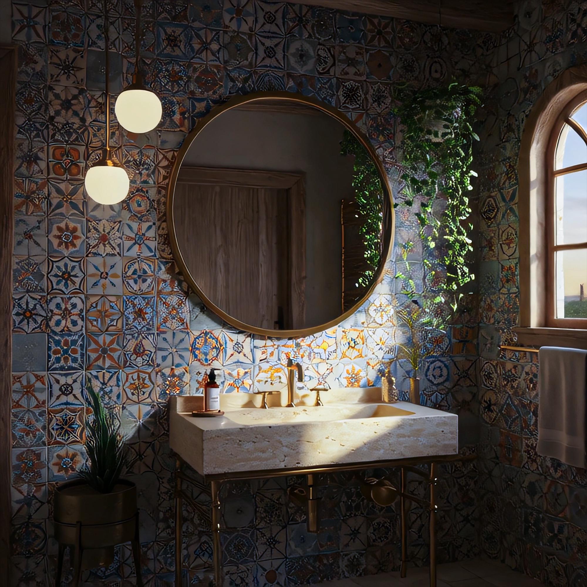 Luxury bathroom vanity made from warm-toned travertine stone.
