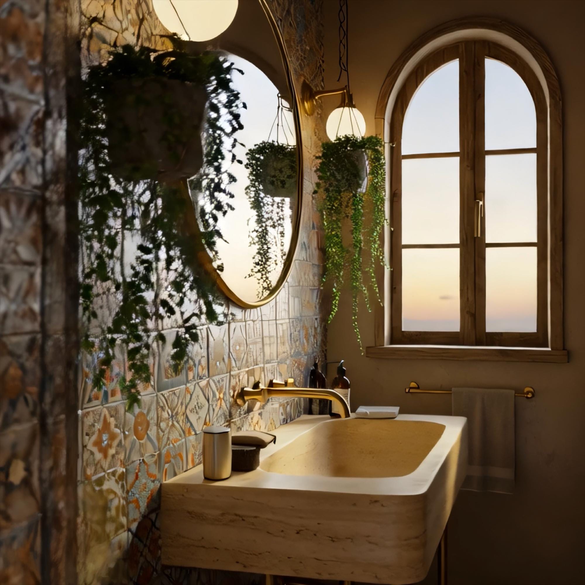 Golden faucet details and a solid travertine sink create a luxurious rustic bathroom style.