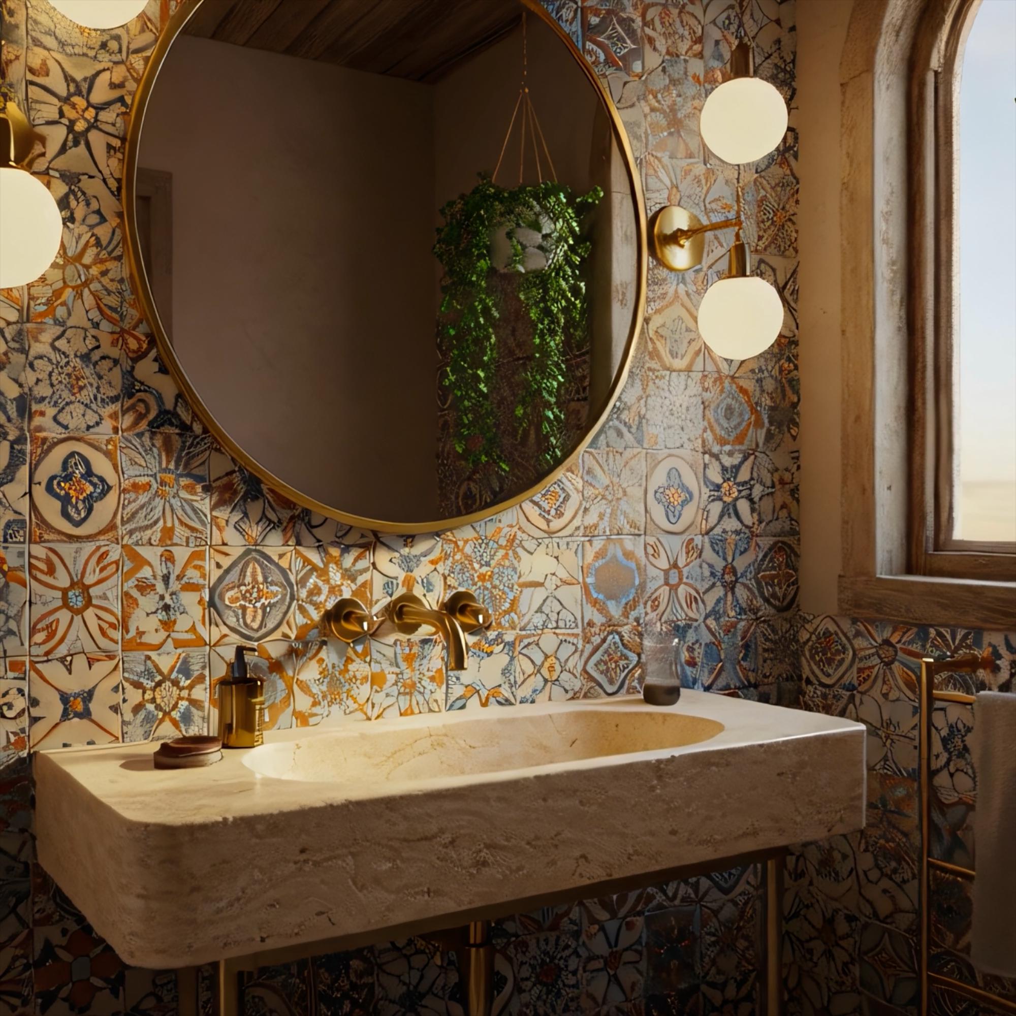 Close-up of a wall-mounted travertine basin with artisan gold piping and faucet.