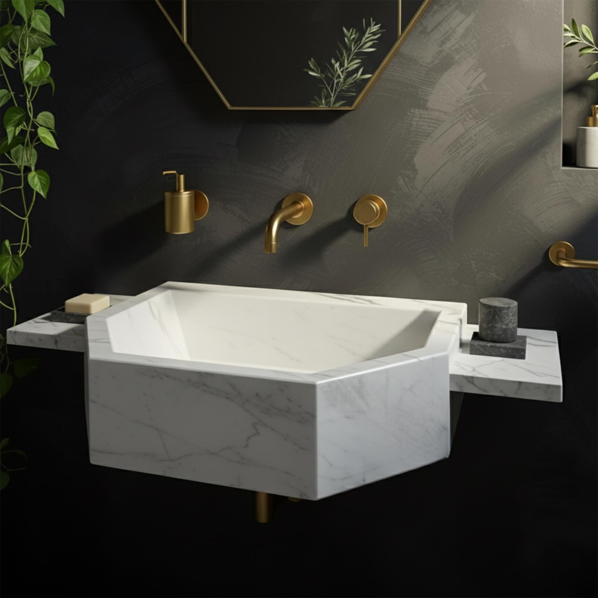 This sculptural white marble sink with gray veining showcases geometric elegance and minimalist sophistication against a dark backdrop.