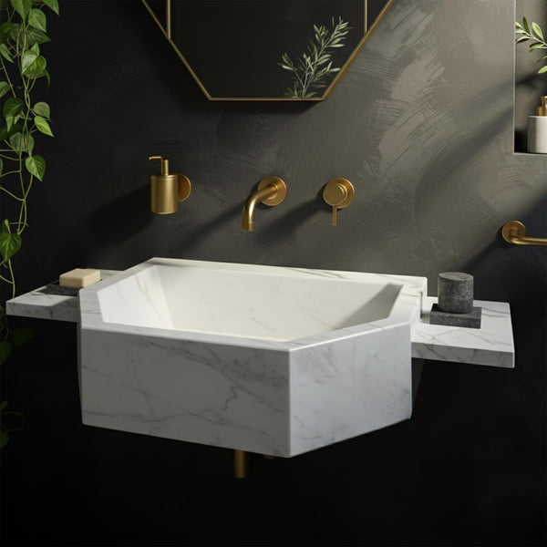 Octagon Carrara Marble Wall Sink with Floating Side Shelves M2S039 hover