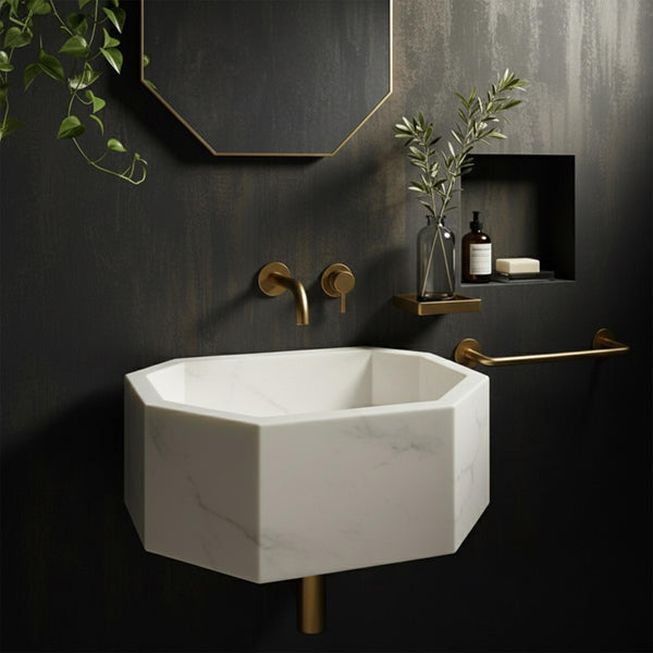 Octagon Carrara Marble Wall Sink with Brass Accents M2S015 hover