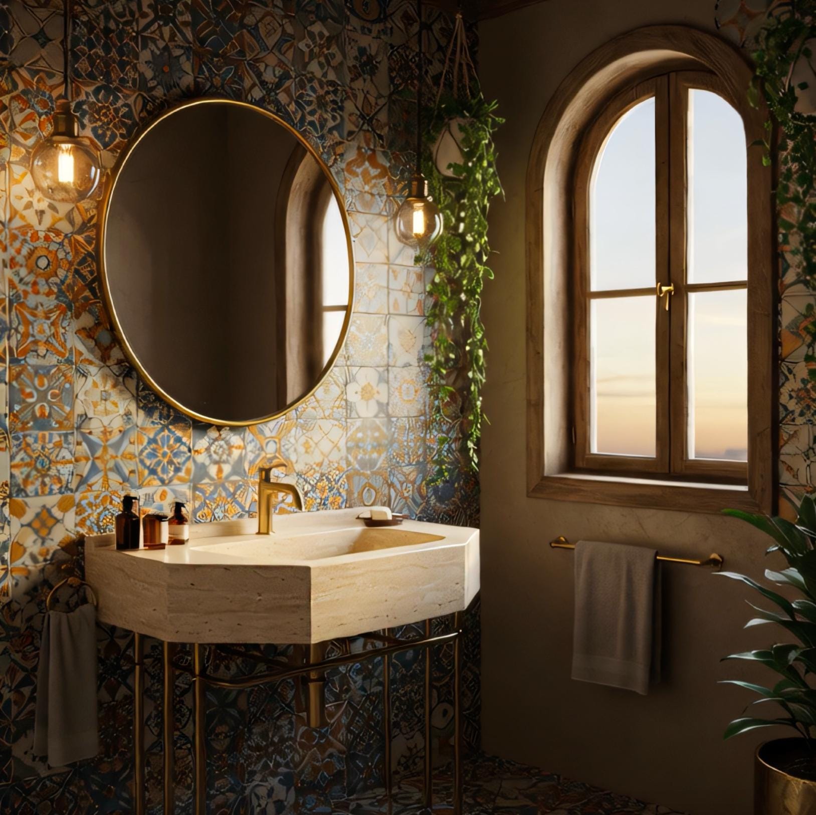 Handcrafted travertine vanity with elegant vintage-inspired aesthetic