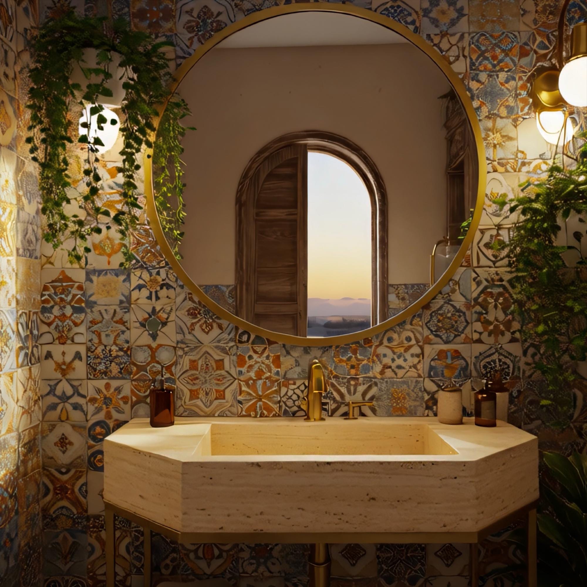 Designer travertine sink placed against patterned tile background