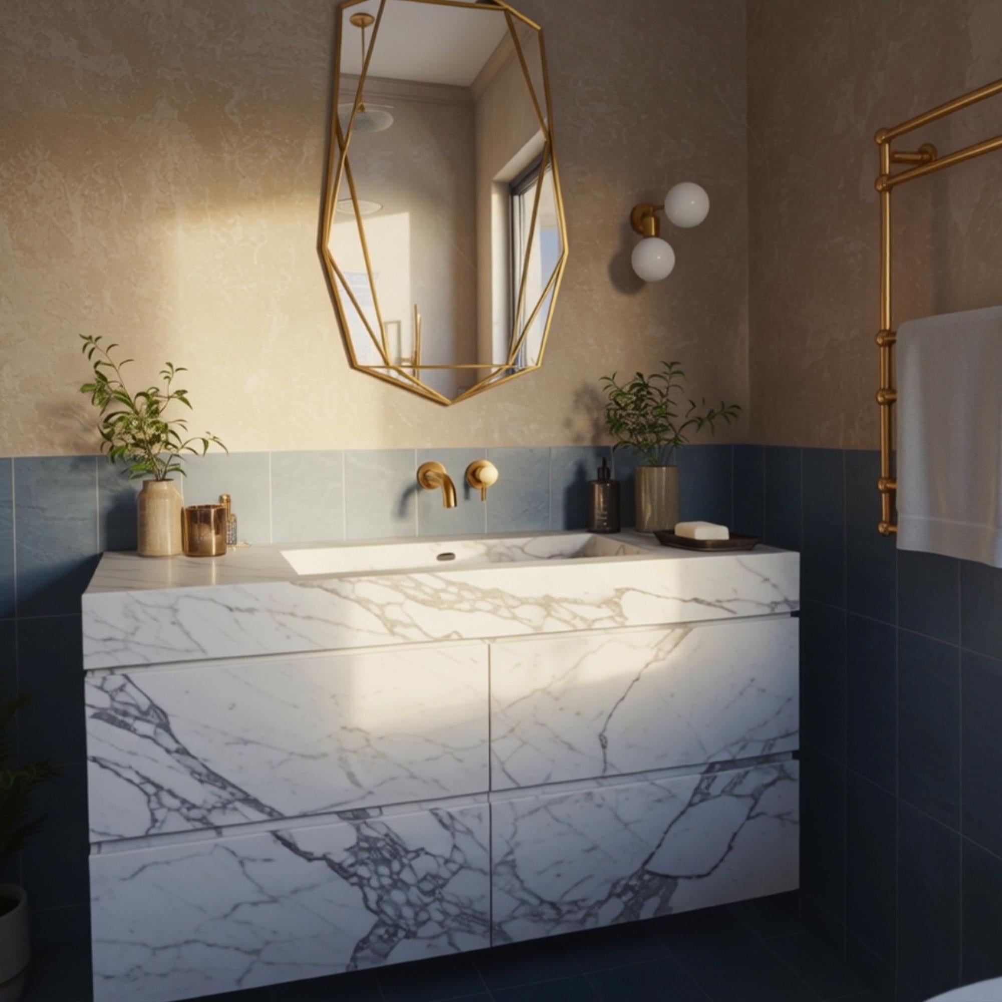 A modern Carrara marble bathroom cabinet seamlessly integrates a sink into its minimalist design with gold faucet accents.