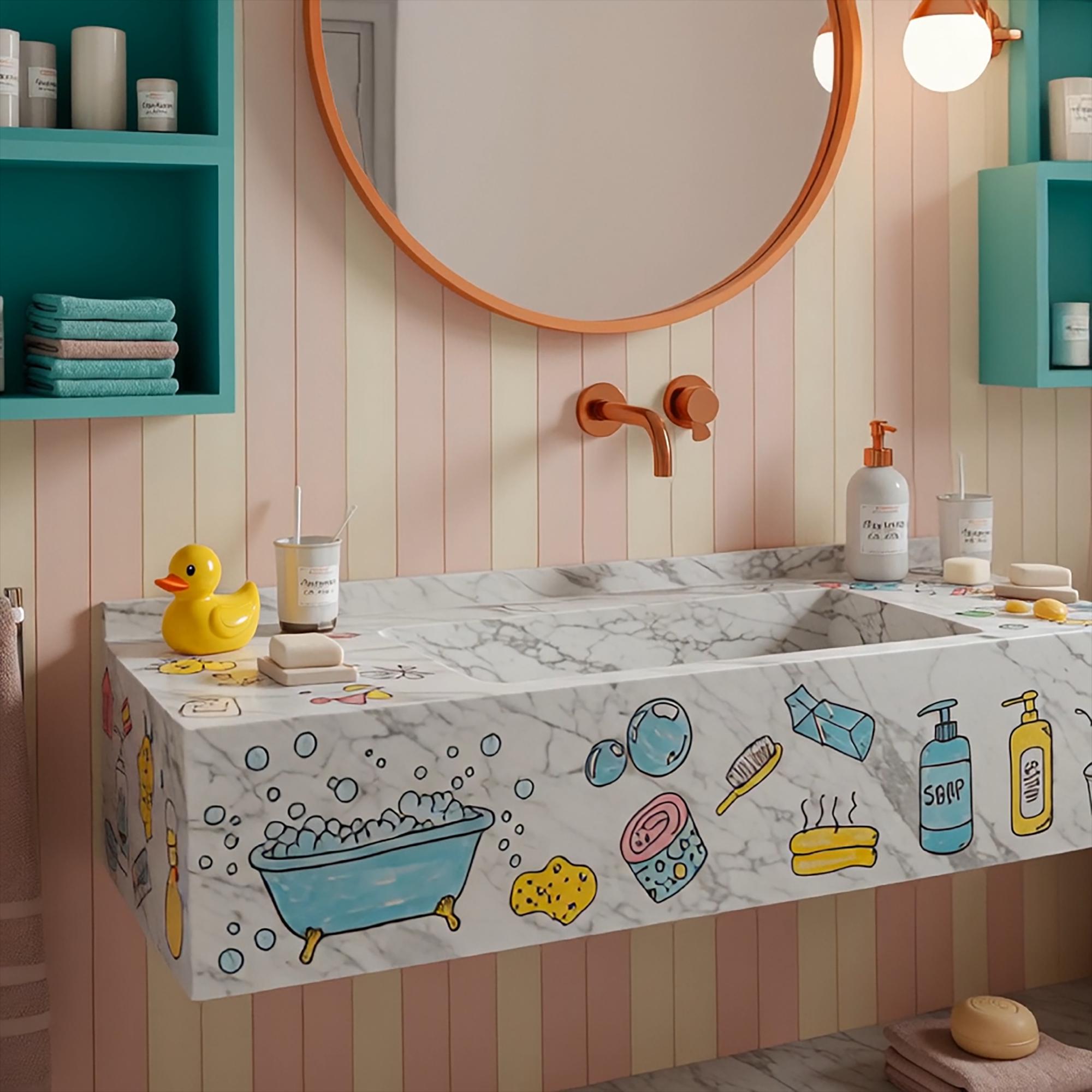 Custom illustrated marble sink for children's bathroom with soap graphics