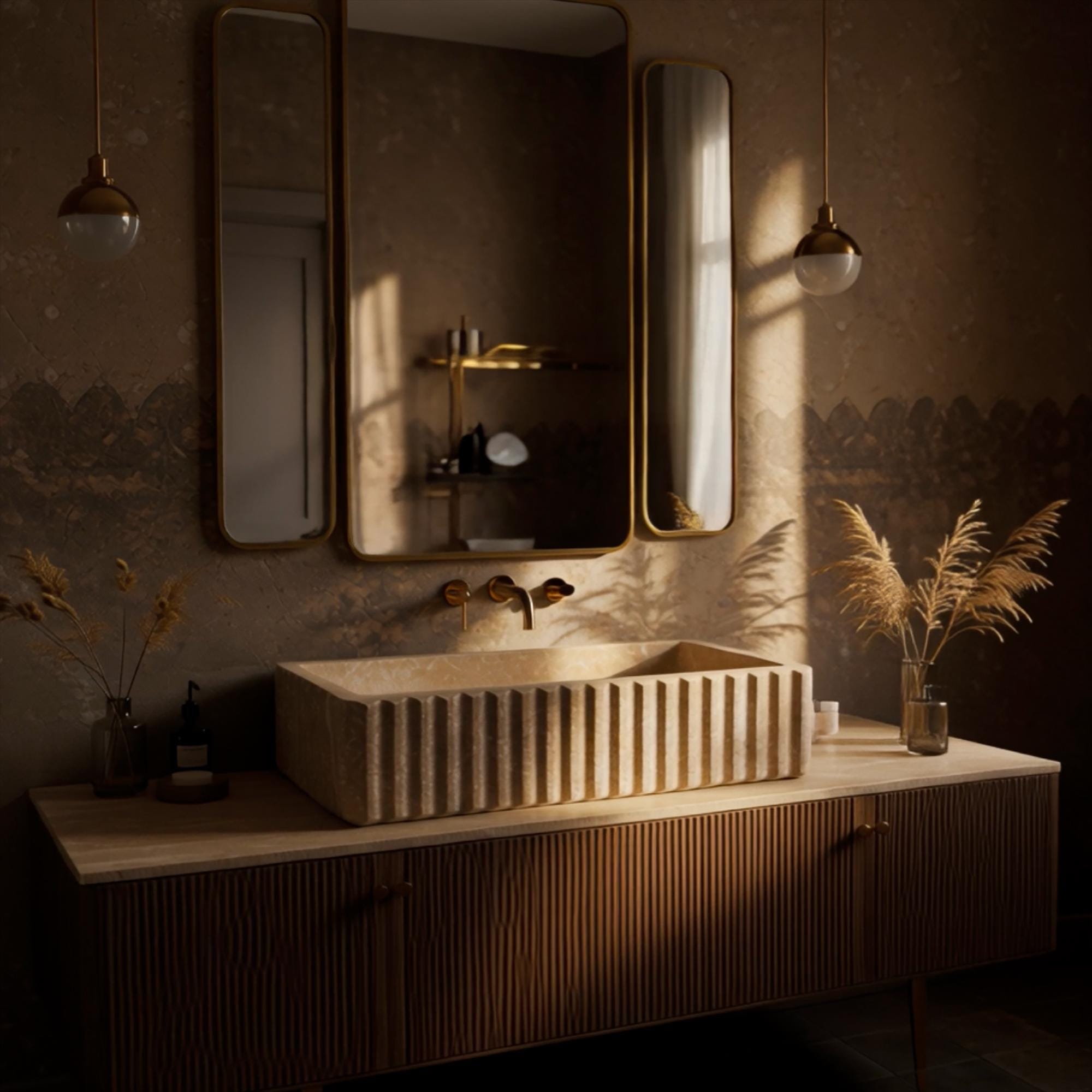Designer sink made of beige marble paired with gold fixtures.