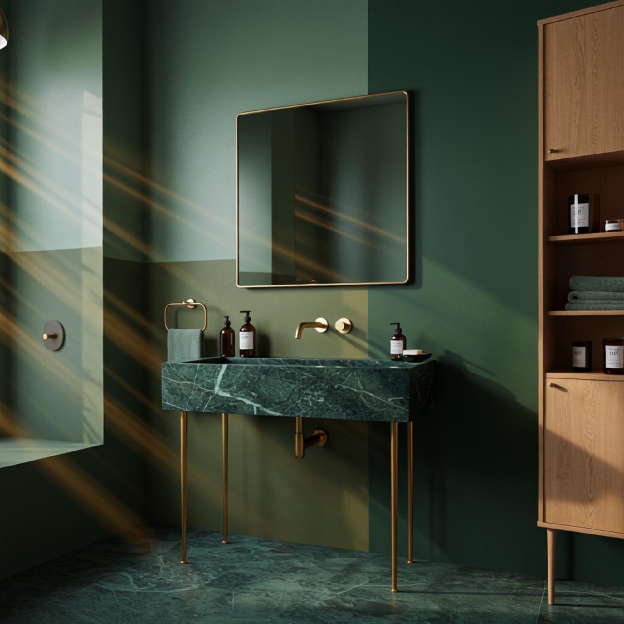 Modern bathroom vanity featuring natural marble